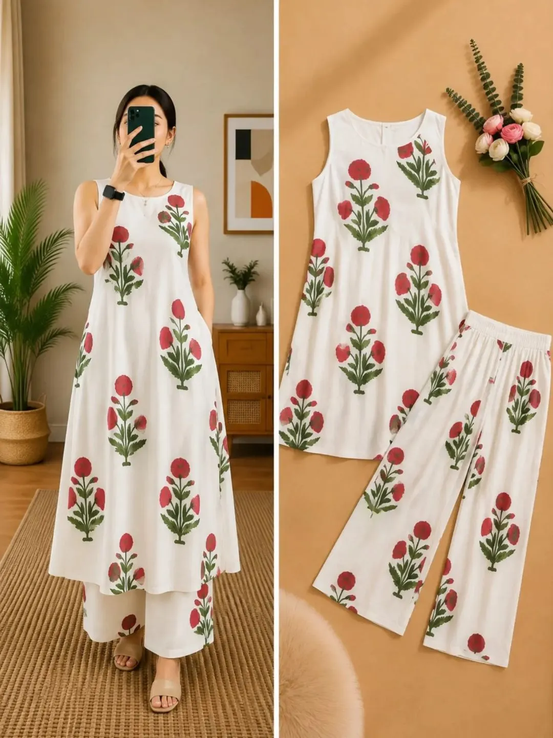 Ivory Elephant and Parasol Printed Sleeveless Kurti with Pant Set - Image 3