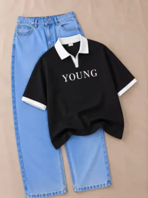 Casual Contrast Polo & High-Waist Denim Outfit Set